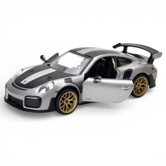 MSZ 1:32 Porsche 911 GT2 RS Die-Cast Model Car – Grey | Pull Back, Openable Doors, Light & Sound (68705)