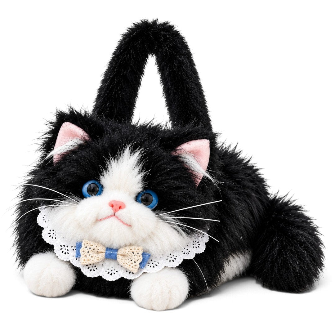 Cute Plush Tuxedo Cat Handbag | Kawaii Fluffy Kitty Bag with Lace Collar & Bowtie for Women & Girls