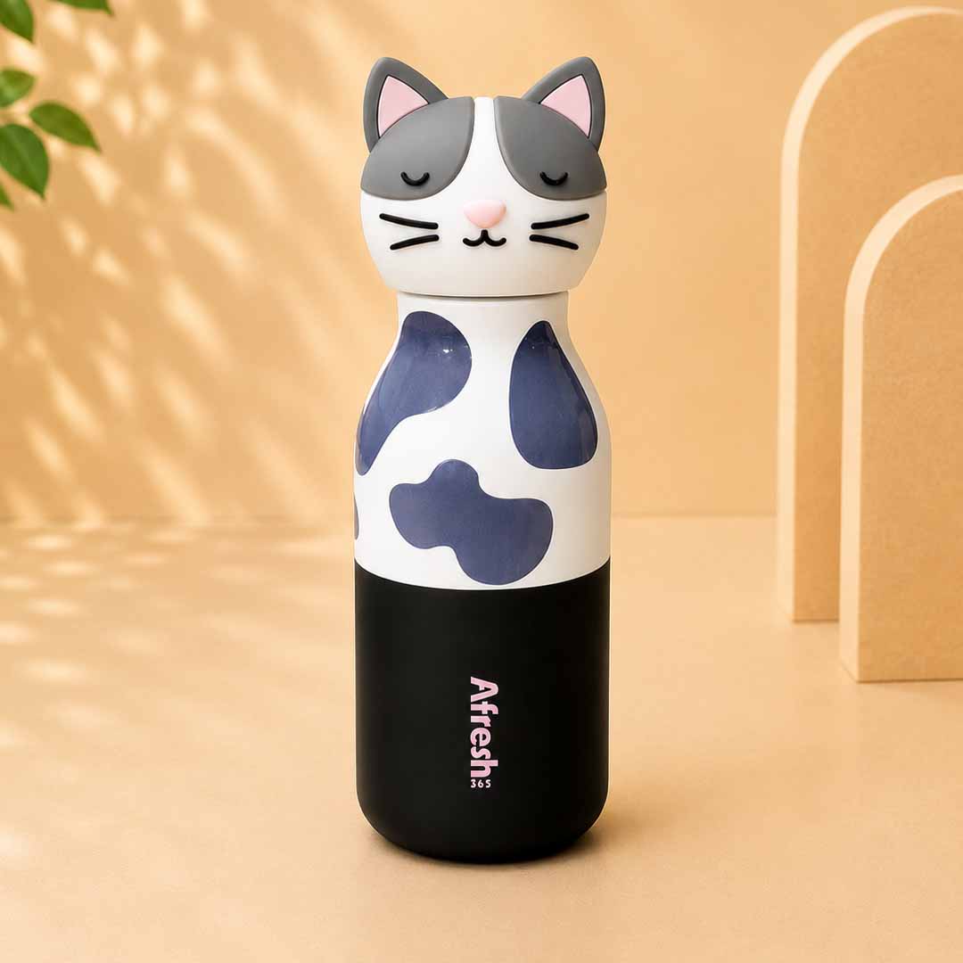 AFRESH 365 Animal Head Collection Cat Stainless Steel Vacuum Insulated Water Bottle 450ml (16oz) with Straw & Cleaning Brush