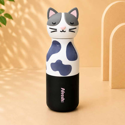 AFRESH 365 Animal Head Collection Cat Stainless Steel Vacuum Insulated Water Bottle 450ml (16oz) with Straw & Cleaning Brush