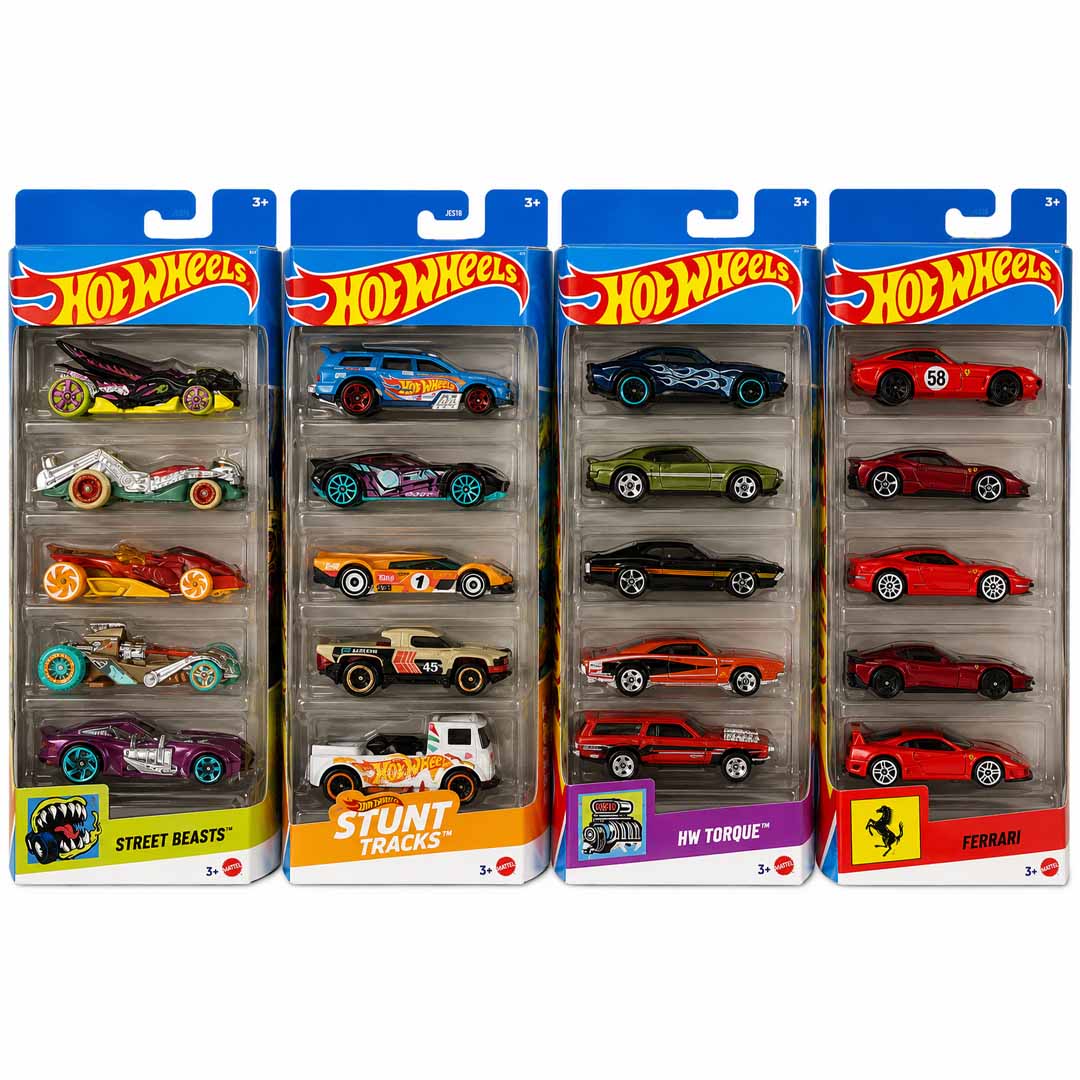Hot Wheels 5-Pack Bundle – Street Beasts, Stunt Tracks, HW Torque & Ferrari Die-Cast Cars