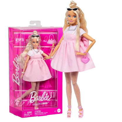 Barbie Deluxe Style Doll #3 in Barbiecore Outfit, Blond Hair in Top Knot, Pink Pastel Dress with Oversized Bow and Accessories Like Mesh Tights - Jaiman Toys