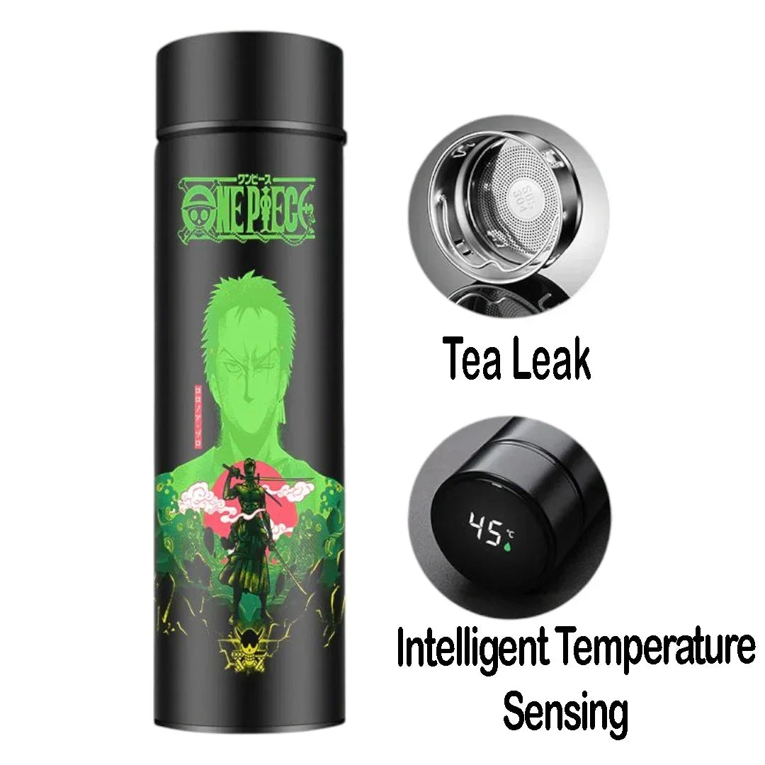 One Piece Roronoa Zoro 500ml Stainless Steel Vacuum Flask with LED Temperature Display & Tea Strainer – Black & Green