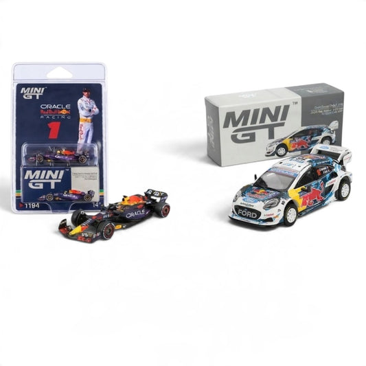 MINI GT 1:64 2-Car Diecast Model Set – Blistet -Red Bull Racing RB19 #1 Max Verstappen +Ford Puma Rally1 #16