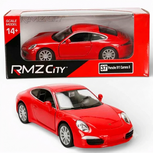 RMZ City 1:32 Porsche 911 Carrera S Diecast Car Model – Opening Doors, Pull Back Action (Red & Grey Variants)