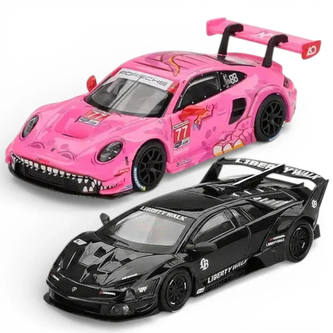 Mini GT 1:64  Roxy Porsche 911 GT3 R #77 AO Racing IMSA + Lamborghini Murcielago GT Evo Black Diecast Scale Model Car