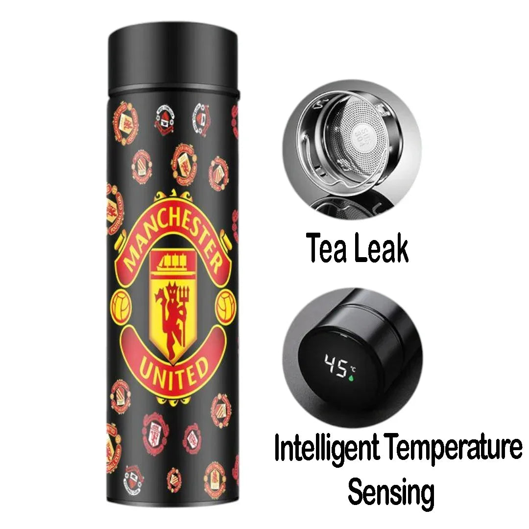 Manchester United 500ml Stainless Steel Vacuum Flask with LED Temperature Display & Tea Strainer – Hot & Cold Thermos Bottle