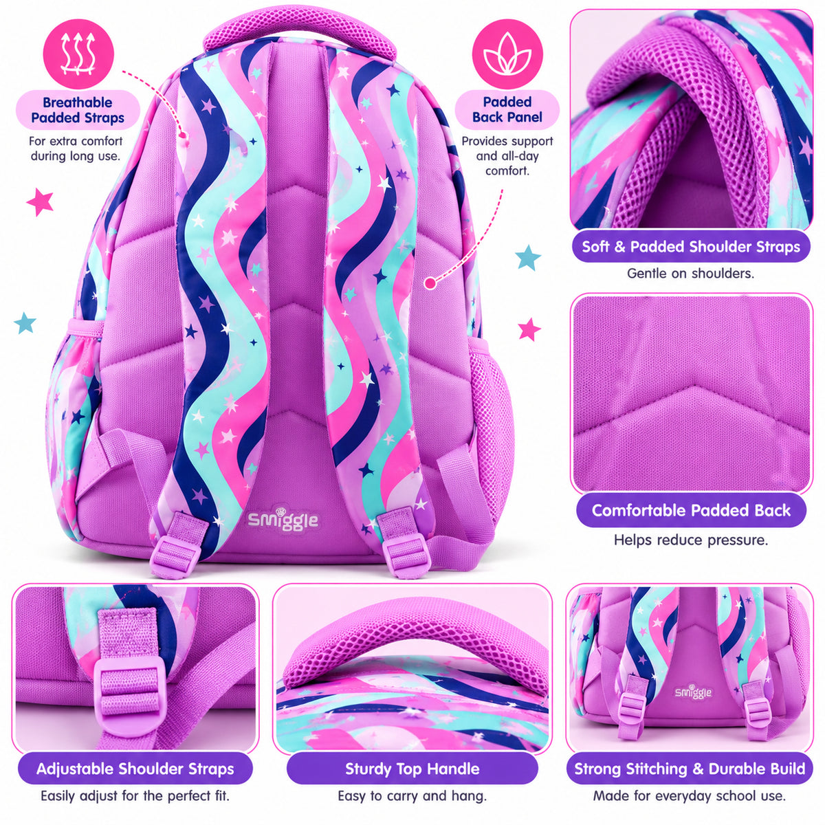 Smiggle Classic Unicorn School Backpack for Girls | Pink & Purple Glitter Unicorn Kids School Bag with Side Bottle Sleeves (16-Inch)