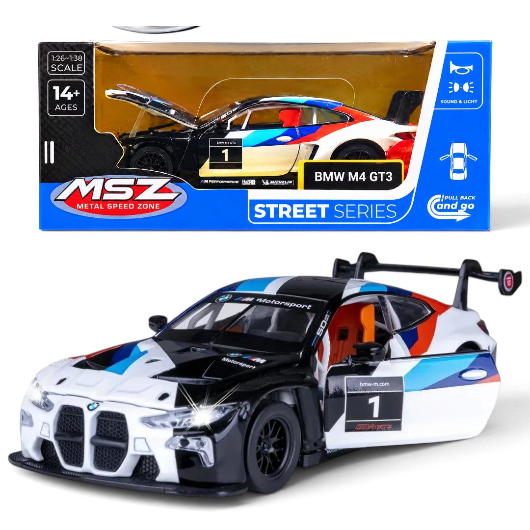 MSZ 1:32 BMW M4 GT3 Die-Cast Model Car-White with Pullback -68715A