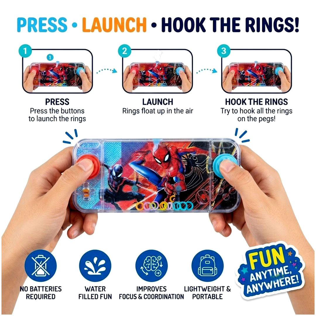 Spider-Man Mini Water Ring Toss Handheld Game 15 × 7 cm | No Battery Push-Button Pocket Game for Kids