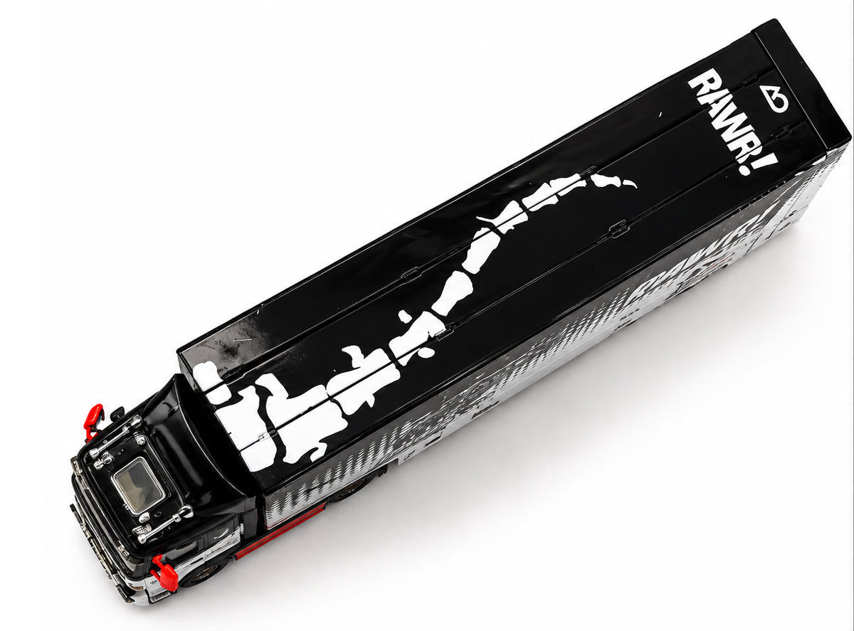 Maxwell 1:64 Scania S730 RAWR! Racing Team #77 Enclosed Transporter Truck Diecast Model – Black, White & Red