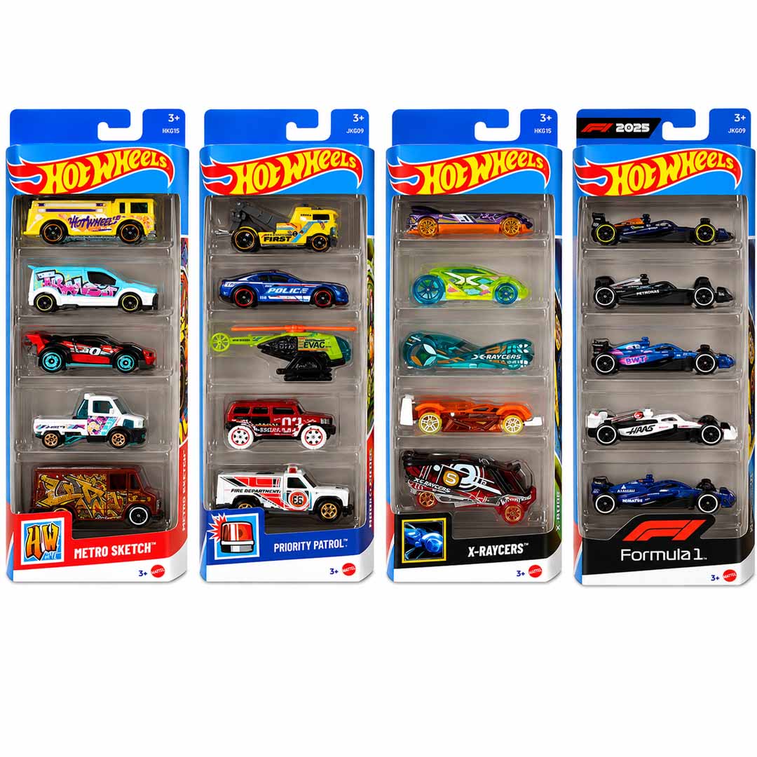 Hot Wheels 5-Pack Bundle Set – Metro Sketch, Priority Patrol, X-Racers & Formula 1 Die-Cast Cars
