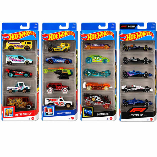 Hot Wheels 5-Pack Bundle Set – Metro Sketch, Priority Patrol, X-Racers & Formula 1 Die-Cast Cars