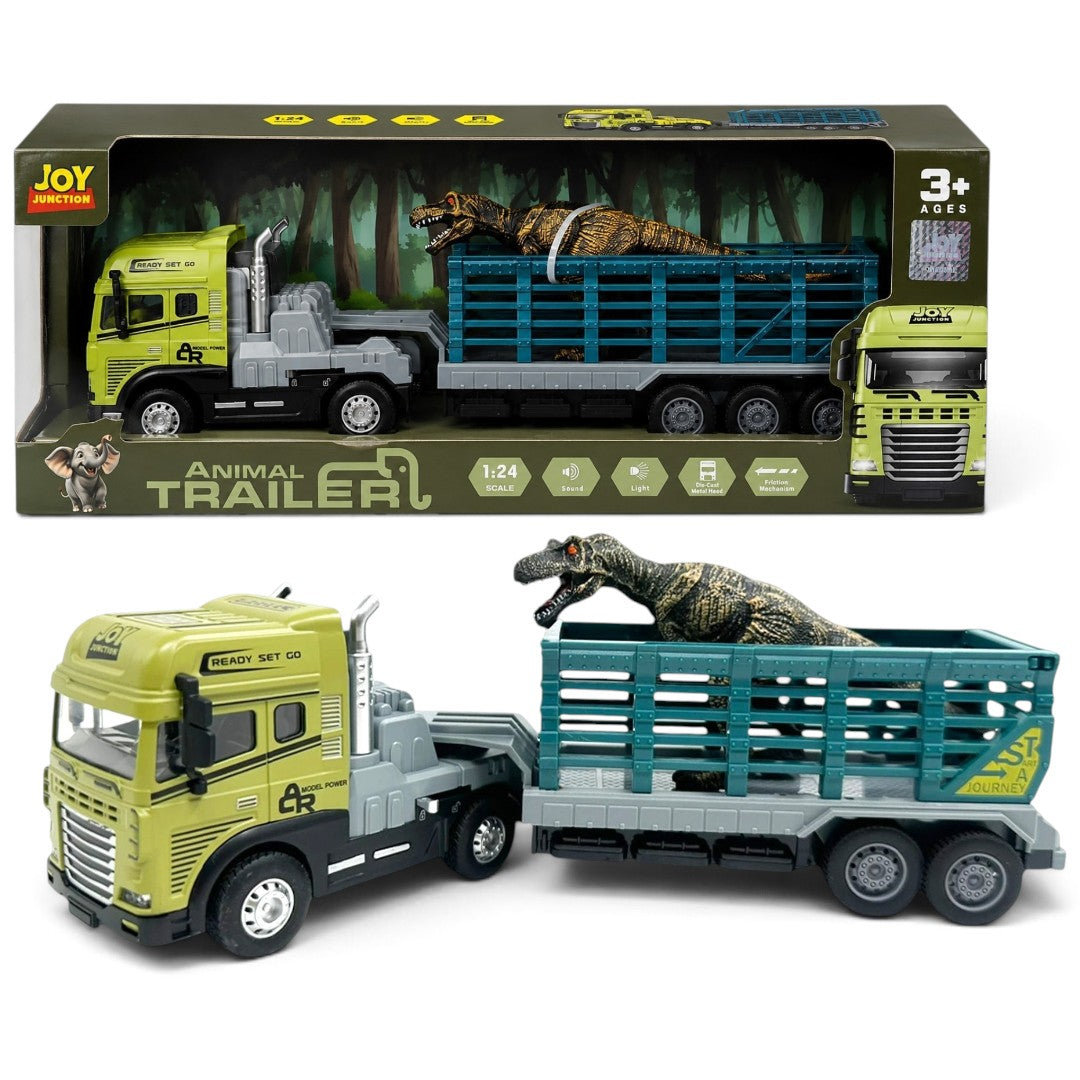 Joy Junction 1:24 Scale Alloy Animal Trailer Truck Toy with Dinosaur, Light & Sound – 29 cm Large Truck