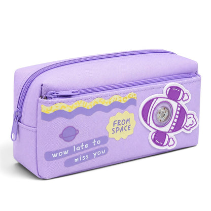 Purple Space Rocket Pencil Case for Kids – Box-Shaped School Pencil Pouch with Zipper Storage & Astronaut Design
