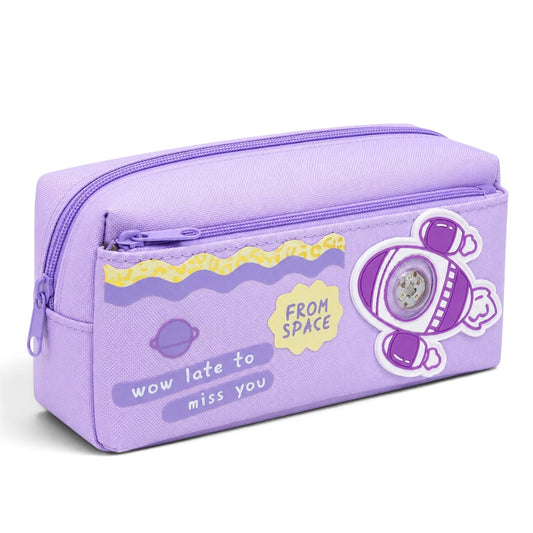 Purple Space Rocket Pencil Case for Kids – Box-Shaped School Pencil Pouch with Zipper Storage & Astronaut Design