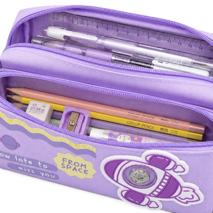 Purple Space Rocket Pencil Case for Kids – Box-Shaped School Pencil Pouch with Zipper Storage & Astronaut Design