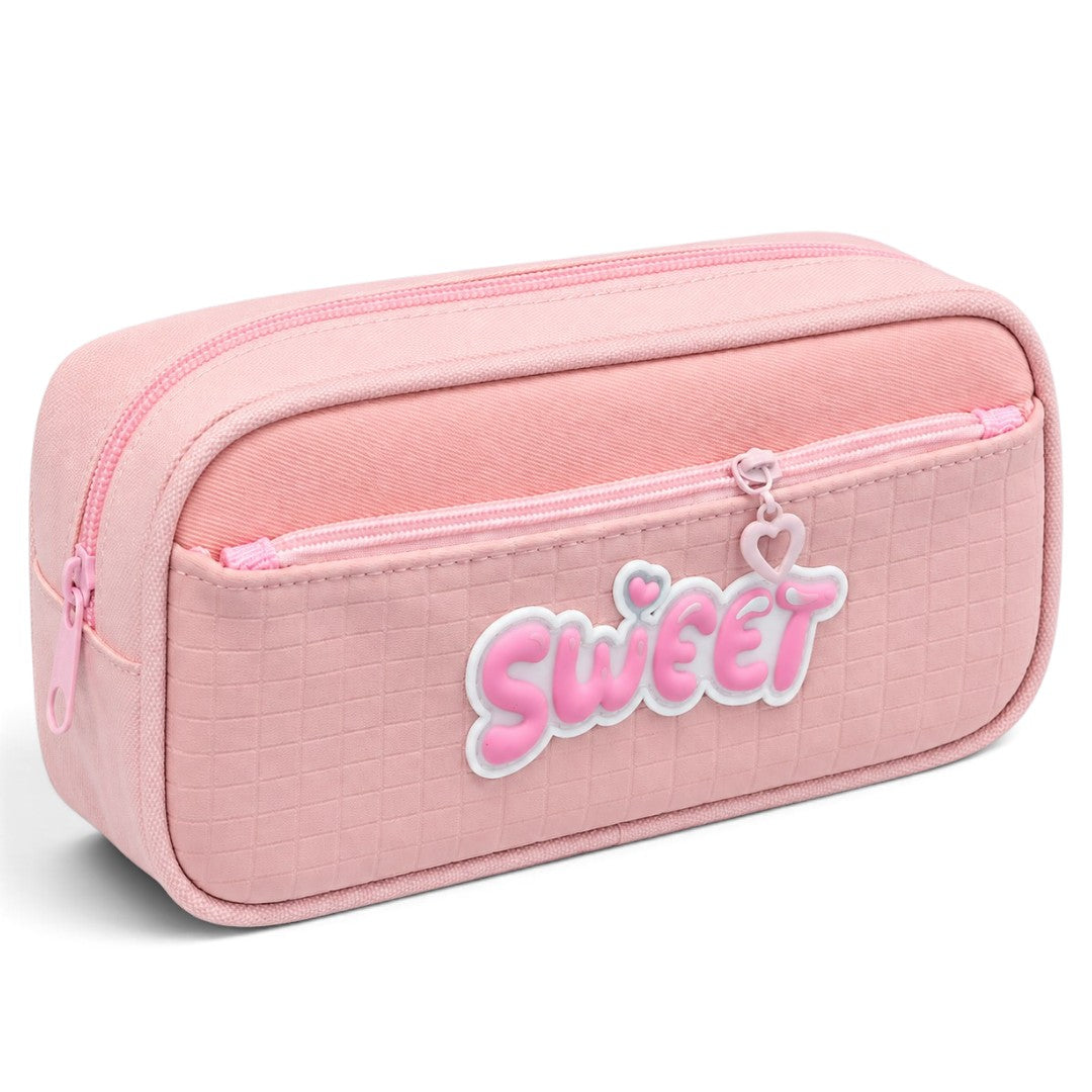 Sweet Pink Pencil Case for Girls – Box-Shaped School Pencil Pouch with Zipper Storage & Heart Charm