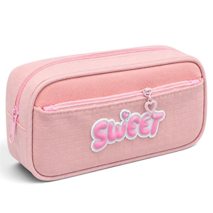 Sweet Pink Pencil Case for Girls – Box-Shaped School Pencil Pouch with Zipper Storage & Heart Charm