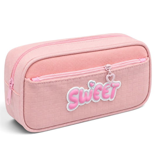 Sweet Pink Pencil Case for Girls – Box-Shaped School Pencil Pouch with Zipper Storage & Heart Charm