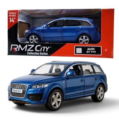 RMZ City Audi Q7 V12 1:32 Scale Die-Cast Model SUV – Metallic Blue & White Collectible Luxury Car with Opening Doors, Pull-Back Action