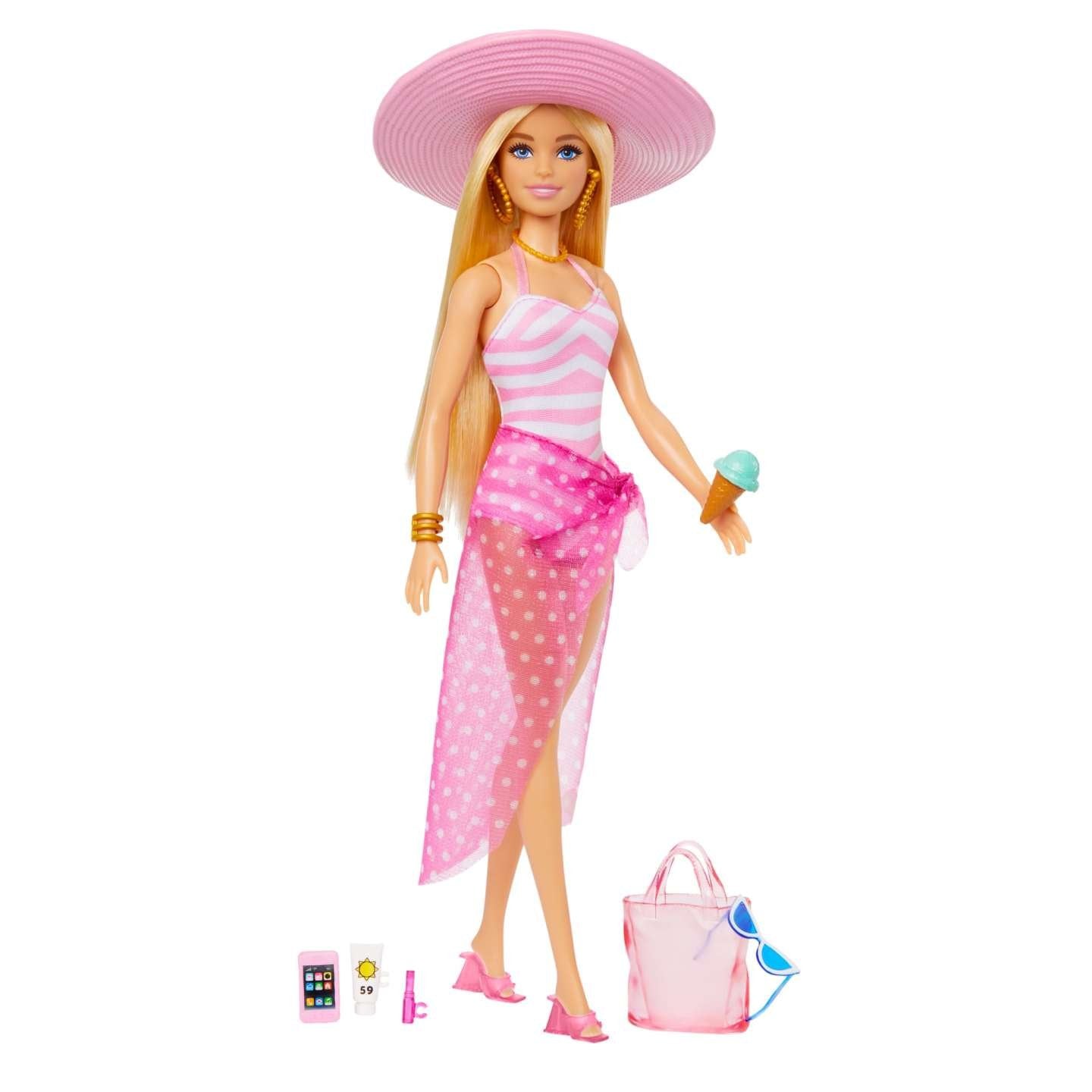 "Blonde Barbie Doll: Swimsuit and Beach-Themed Accessories