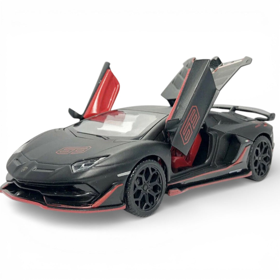 MSZ 1:32 Lamborghini Aventador SVJ Die-Cast Model Car – Black | Pull Back, Openable Doors, Light & Sound (68472)