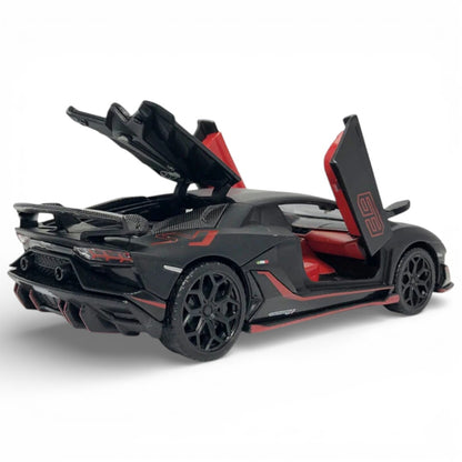 MSZ 1:32 Lamborghini Aventador SVJ Die-Cast Model Car – Black | Pull Back, Openable Doors, Light & Sound (68472)