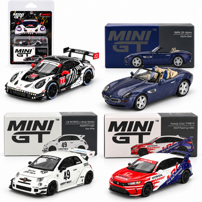 MINI GT 1:64 Diecast 4-Car Set – Skeleton Rexy Porsche, BMW Z8, Honda Civic Type R & Abarth 595