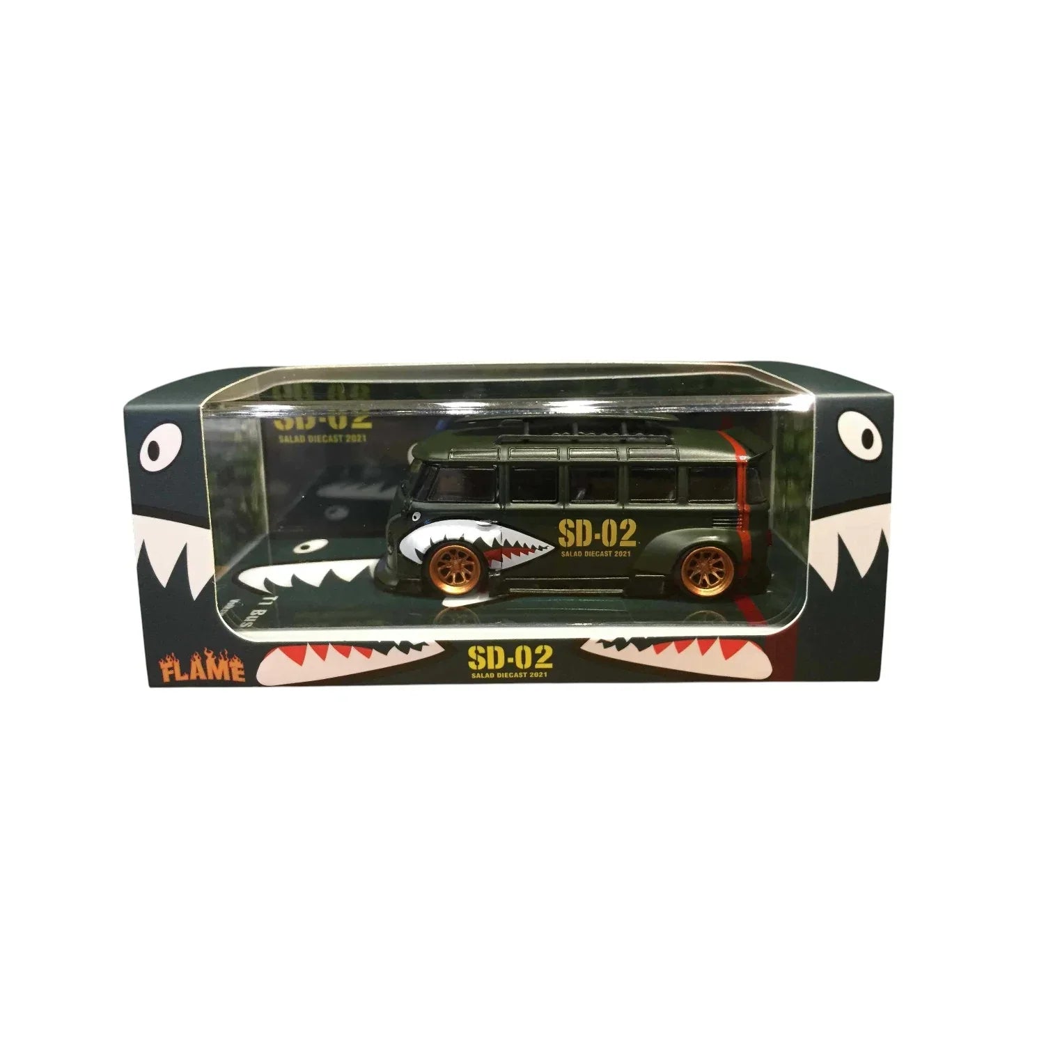 1:64 Flame Salad Diecast SD-02 Volkswagen Bus Custom 1:64 Scale Model – Military Green Shark Livery - Jaiman Toys
