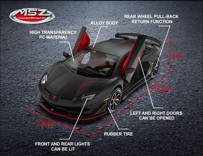 MSZ 1:32 Lamborghini Aventador SVJ Die-Cast Model Car – Black | Pull Back, Openable Doors, Light & Sound (68472)