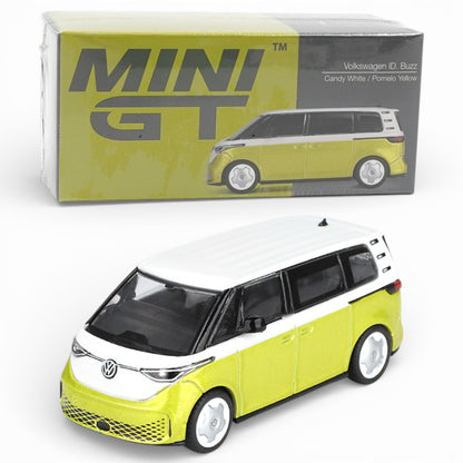 Mini GT 1:64 Volkswagen ID. Buzz Candy White & Pomelo Yellow Diecast Electric Van Model