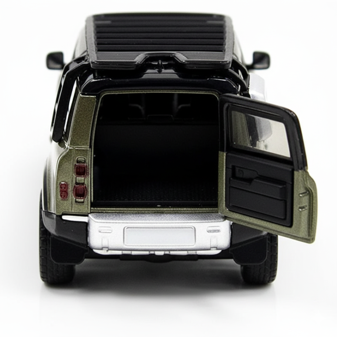 MSZ 1:32 Land Rover Defender 110 Die-Cast Model Car – Metallic Olive Green Pull Back with Openable Doors ,Sound & Light (68416)