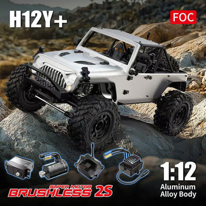 MJX R/C H12Y+ 1/12 Scale 4WD Brushless RC Rock Crawler | High-Torque 3650 BLDC Motor, Aluminium Body, All-Terrain Off-Road Remote Control Truck with 2.4GHz Radio System for Adults (Silver)