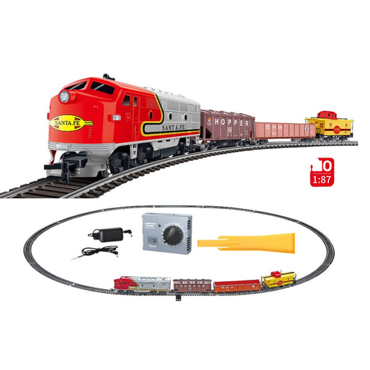 HANFLY-66300 F7A Santa Fe HO Scale Electric Train Set with Freight Cars & Metal Tracks – 1:87 Realistic Railway Model-