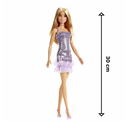 Barbie Doll with Blonde Hair: Lavender Metallic Mini Dress &amp; Trendy Accessories - Perfect Kids' Toy Gift!"