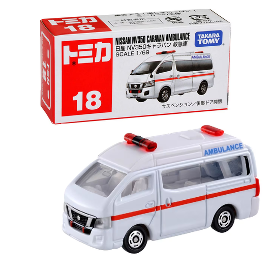 Tomica 18 Nissan NV350 Caravan Ambulance- TAKARA TOMY -Diecast Scale Model Car - 1/69