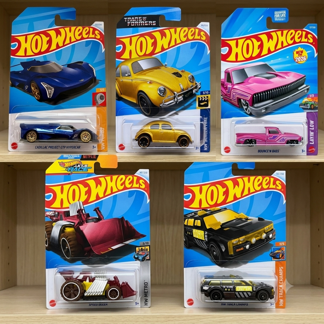 Hot Wheels 1:64 Scale 5-Car Die-Cast Set | 2024 Cadillac Project GTP Hypercar, Track Dwagon, Speed Dozer, Bounce’s Bass & Bumblebee