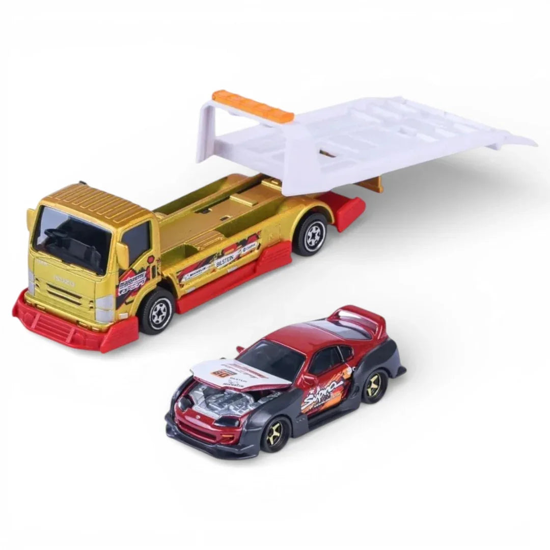 Majorette 1:64 JDM Legends Tuning Transporter – Isuzu NPR Tow Truck + Toyota Supra JZA80 | Diecast Car Set