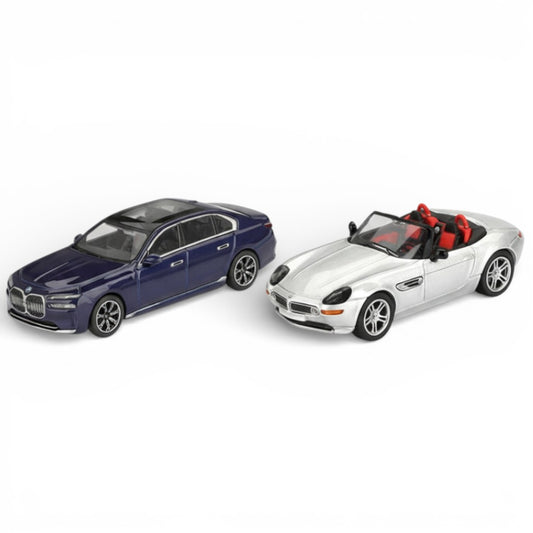 Mini GT  1:64 Scale BMW i7 xDrive60 Tanzanite Blue + BMW Z8 Silver Die-Cast Model Cars| Luxury Duo Set