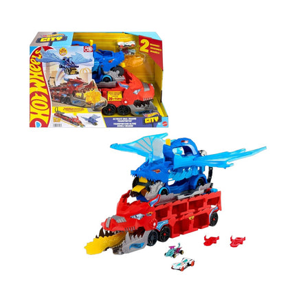 Hot Wheels City Toy Car Track Set – Ultimate Dual Dragon Transporter & 2 Die-Cast Cars JBM72