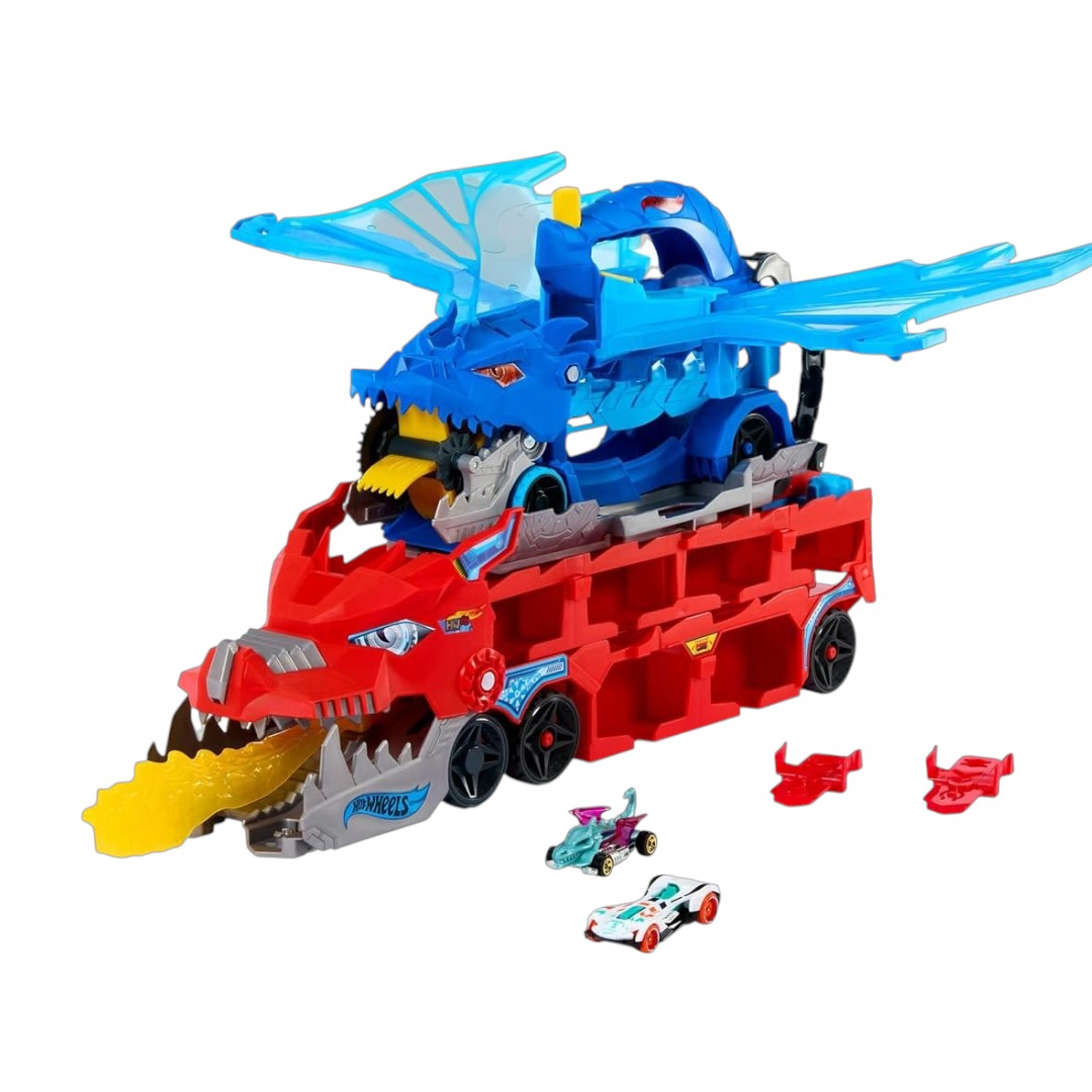 Hot Wheels City Toy Car Track Set – Ultimate Dual Dragon Transporter & 2 Die-Cast Cars JBM72
