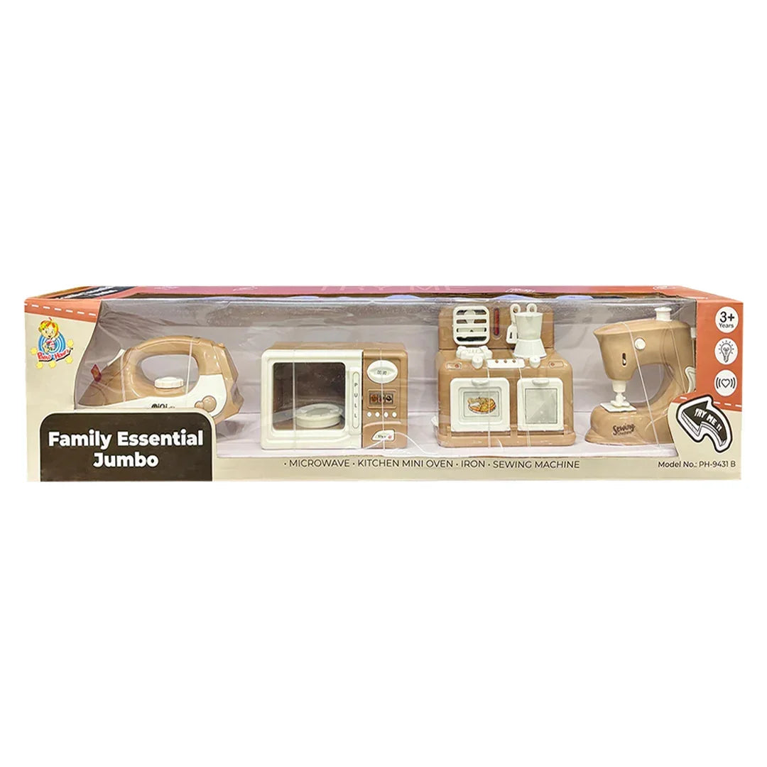 Pablo Honey Mini Iron, Microwave, Oven & Sewing Machine Household Play Set (Brown) - Jaiman Toys