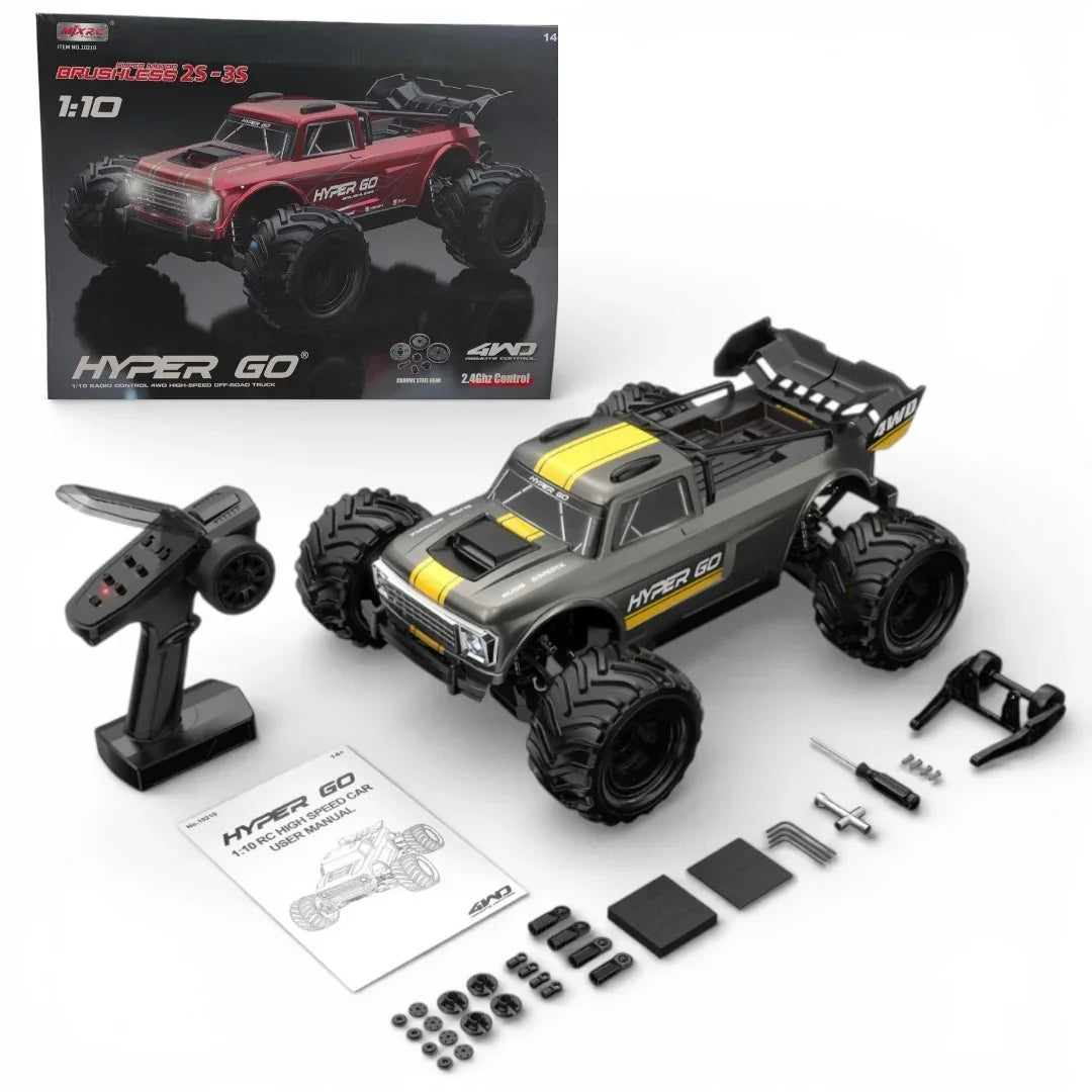 MJX Hyper GO 10210 1:10 Brushless 4WD RC Truck – 2S/3S Compatible | High-Speed RTR Off-Road Monster Truck | 2.4GHz Control (Grey)