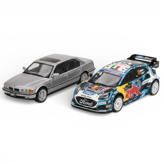 Mini GT 1:64 Duo Set (Blister Pack) – BMW 750iL Aspen Silver + Ford Puma Rally1 Monte Carlo 2024