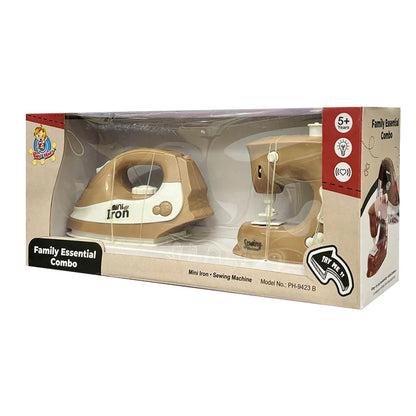 Pablo Honey Mini Iron & Sewing Machine Household Play Set (Brown) - Jaiman Toys
