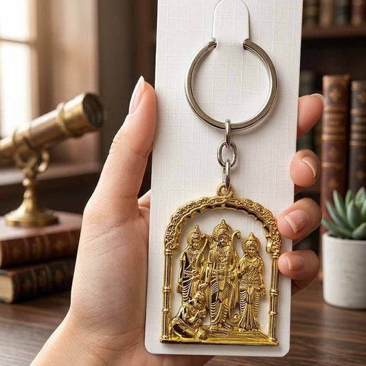 Ram Darbar Keychain – Gold Finish Lord Ram, Sita, Lakshman & Hanuman Religious Keyring for Keys, Car & Bags