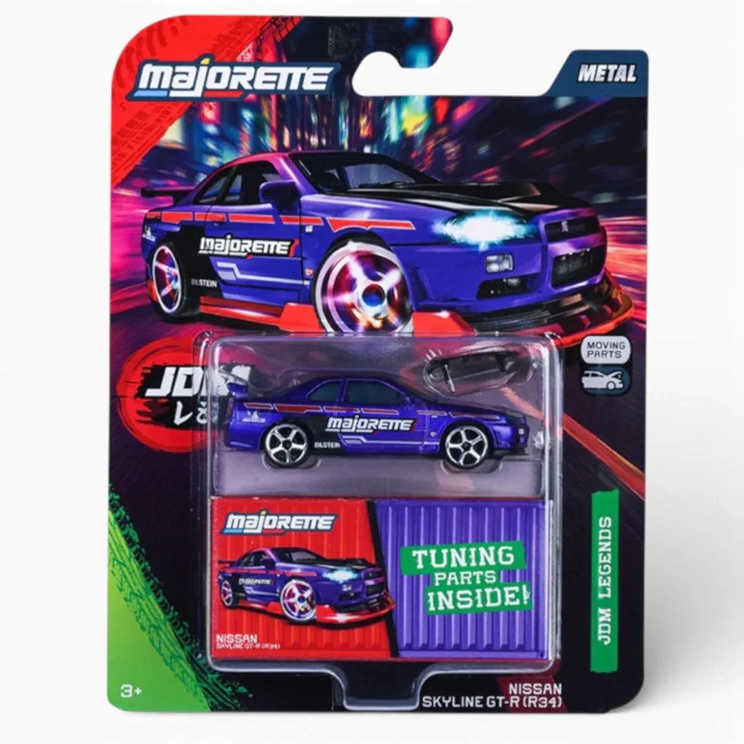 Majorette Nissan Skyline GT-R (R34) JDM Legends 1:64 Metal Diecast Car with Tuning Parts & Moving Parts