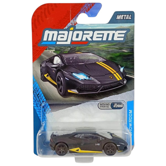 Majorette Lamborghini Huracán Avio Showroom 1:64 Die-Cast Car | Metal Body with Moving Parts | Black with Yellow Stripes | Collectible Model | 3+ Years