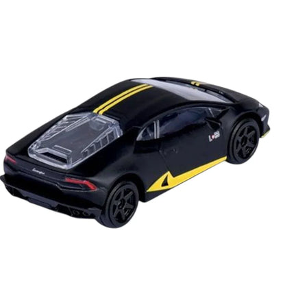 Majorette Lamborghini Huracán Avio Showroom 1:64 Die-Cast Car | Metal Body with Moving Parts | Black with Yellow Stripes | Collectible Model | 3+ Years
